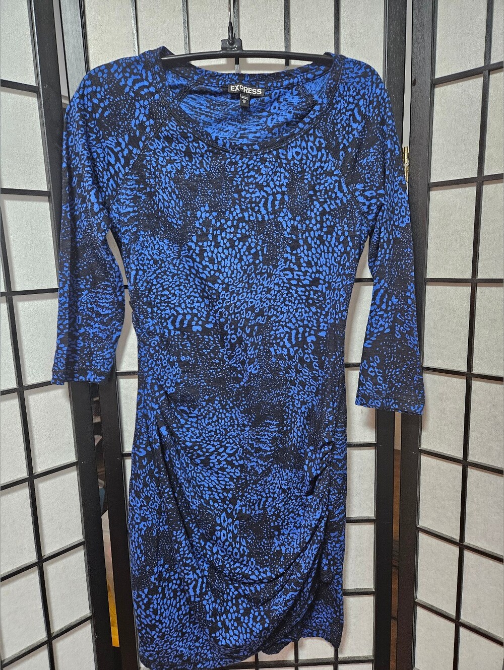 Express XS Blue & Black Leopard Print Rouched 3/4 Sleeve Dress